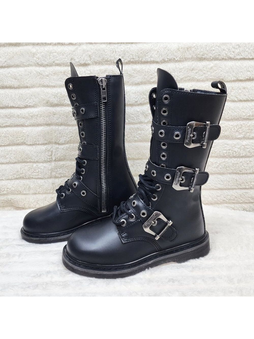 Goth Combat Biker Boots Black Matte Lightning Bolt Tread Bolt 330